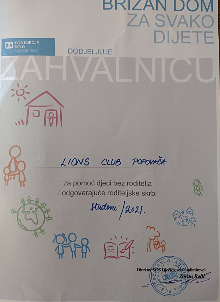 Zahvalnica SOS Dječjeg sela